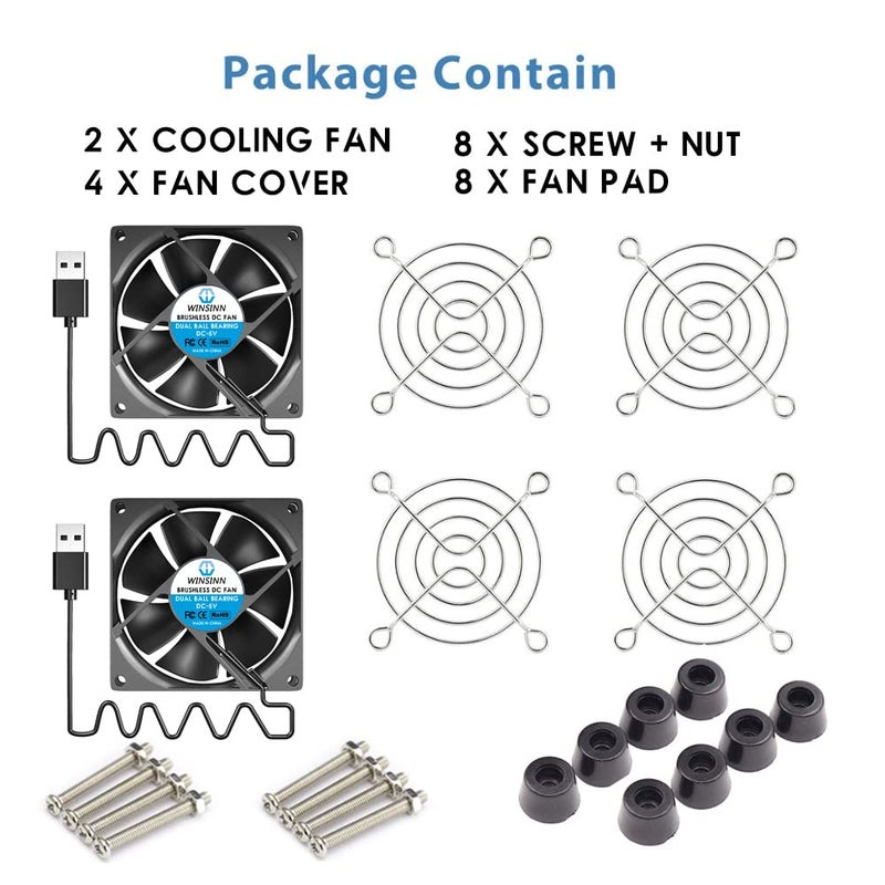WINSINN DC 80mm USB Fan 5V 8025 Dual Ball Bearing Brushless Cooling 80mmx25mm 2PIN (Pack of 2Pcs) - Image 3